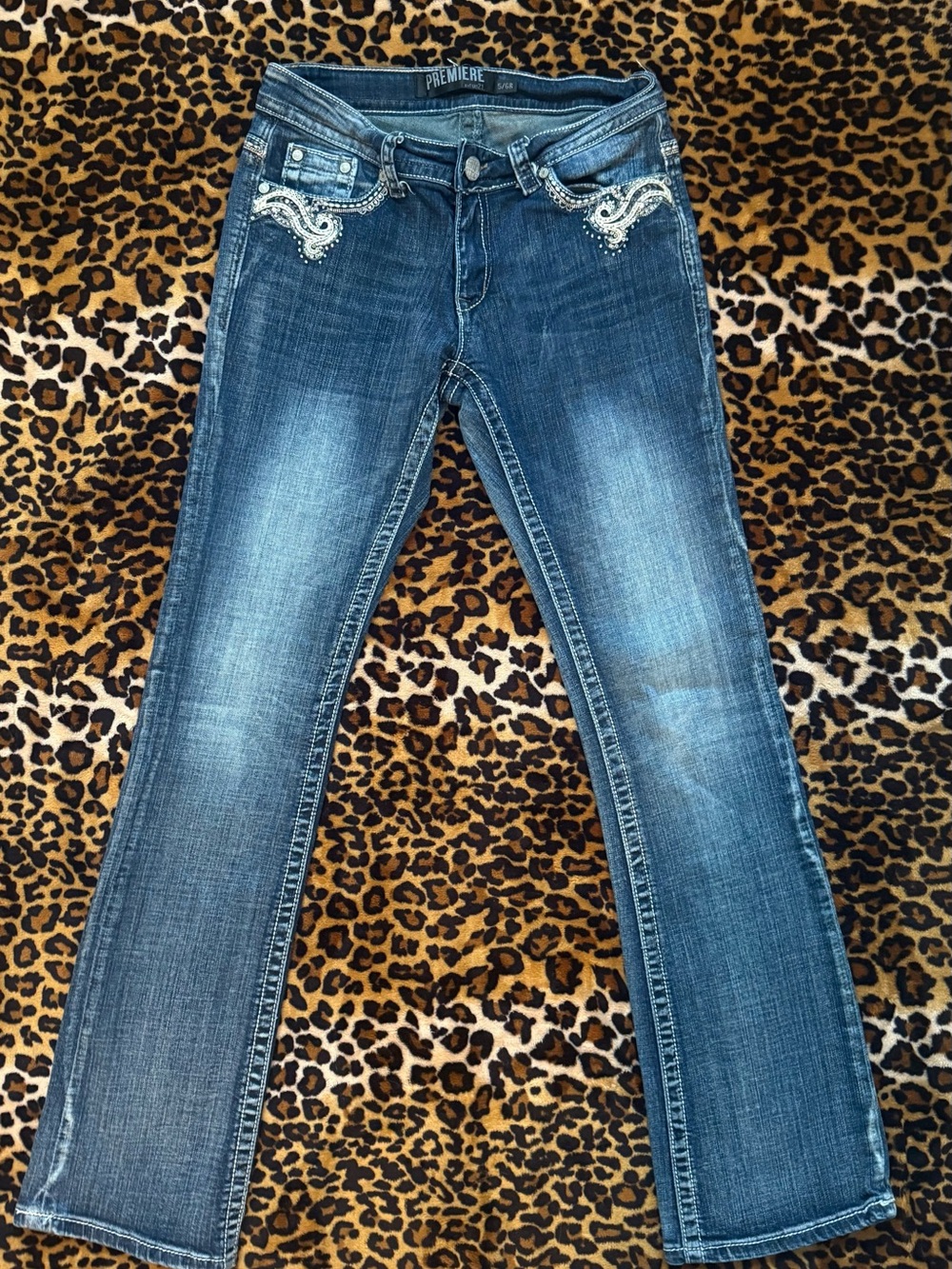 Premier Women's Dark Blue Rhinestone Embellished Bootcut Jeans